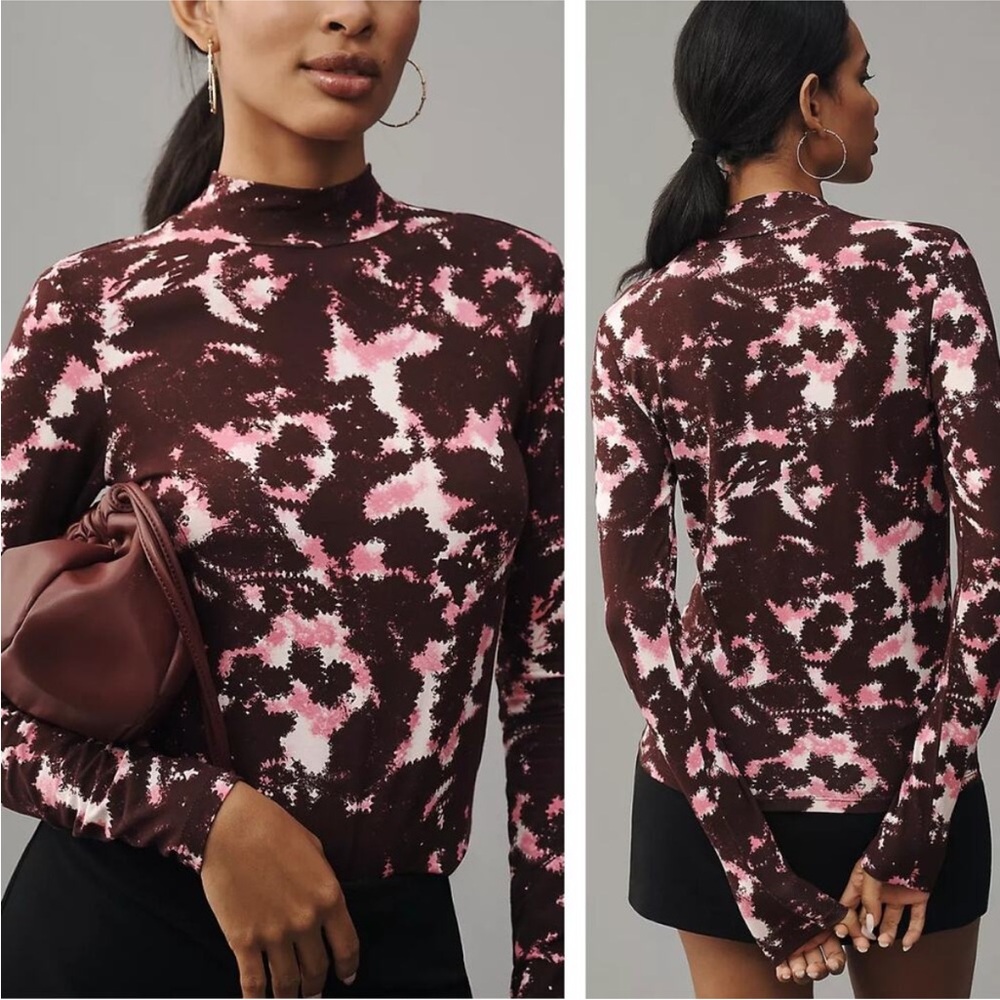 NWT SCOTCH & SODA Anthropologie Printed Mock-Neck Long-Sleeve Top Size XL Wine